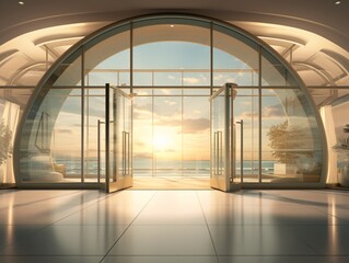 a large glass doorway with a view of the ocean