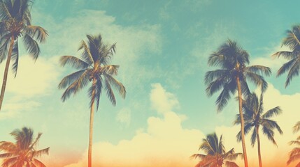 Fototapeta na wymiar The Sky Behind Palm Trees, Immersed in Vintage Aesthetics, Eliciting Nostalgia