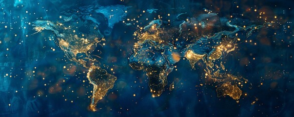 Blockchain nodes illuminating a world map tracing the ethical journey of products