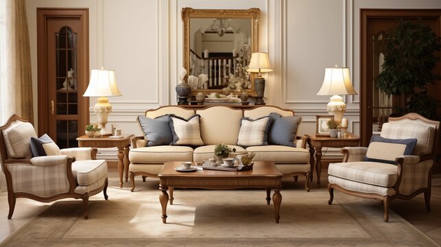 Design a traditional living room with classic furniture and elegant accents