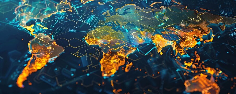 Blockchain nodes illuminating a world map tracing the ethical journey of products