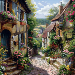A charming European village nestled in rolling hills, with cobblestone streets and quaint cottages adorned with flower boxes.