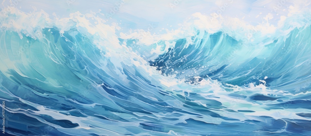 Poster a mesmerizing painting capturing the movement of a fluid wave in the ocean, with the wind creating r