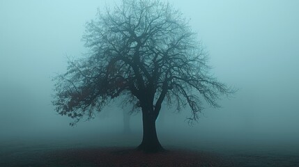 a lone tree in the middle of a field in a foggy, foggy, and smoggy day.
