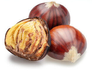Raw chestnuts isolated on white background. Portuguese traditional snack autumn street food.