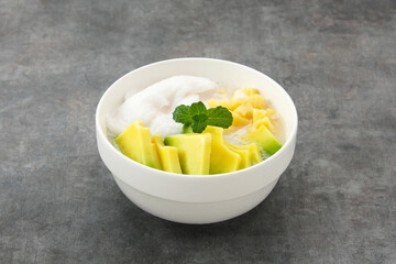 Es teler or es teller, Indonesian dessert, consist of avocado, young coconut, jackfruit, served...