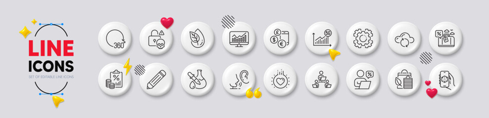Seo gear, Tax document and Whisper line icons. White buttons 3d icons. Pack of Travel loan, Love, 3d app icon. Currency rate, Pencil, 360 degrees pictogram. Vector