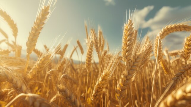 Golden wheat field with blue sky and clouds in background.