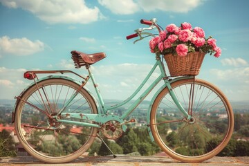 Fototapeta na wymiar bike ride through the countryside with a flowers in the bike basket professional photography