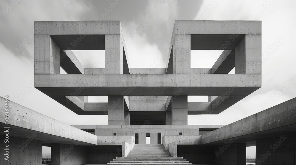 Poster a black and white photo of a staircase leading up to a building with concrete columns and a sky fill