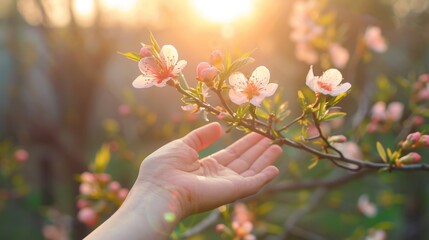 Obraz premium Embrace of Spring: Hand Cradling Blossoms in Sunset's Glow - Generative AI