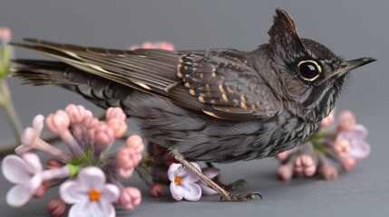 a close up of a small bird on a branch with pink and white flowers in the foreground and a gray background.