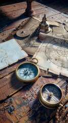 Fototapeta na wymiar screenshot of maritime items on a wooden table including a compass, astrolabe, blank map, and blank pieces of parchment; in the style of narrative paneling