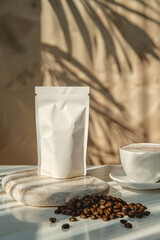 White blank coffee bag mockup. Coffee bag placed on marble stone with coffee beans - 757140677