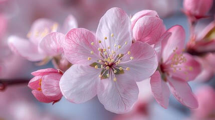 a close - up of a pink flower on a branch of a blossoming tree with a blue sky in the background.