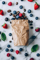 Birds-eye-view of a craft coffee bag mockup lying on marble background. Coffee beans and berries around - 757140874