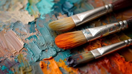 Fototapeta premium Closeup of paint brushes on textured oil painting background, showcasing intricate brushstrokes and artistic detail