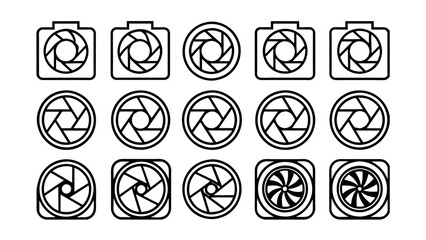 Camera shutter icons set. Camera lens diaphragm. Lens aperture, photo shutter, photo lens, shutter lens, camera shutter and camera lens icon collection. Vector illustration