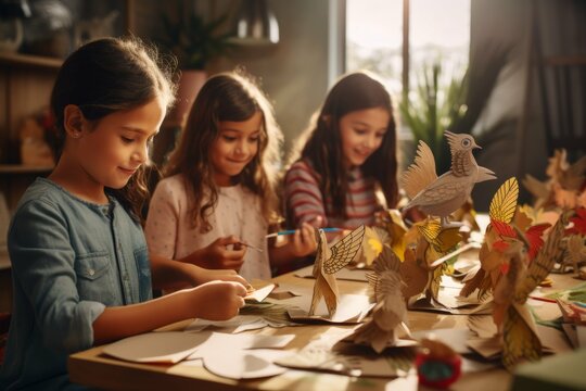 Children creating handmade Thanksgiving crafts