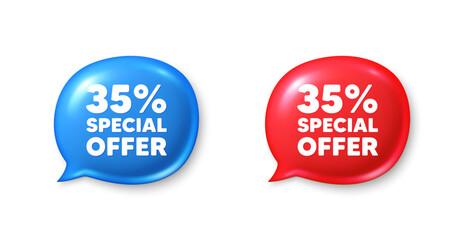 35 percent discount offer tag. Chat speech bubble 3d icons. Sale price promo sign. Special offer symbol. Discount chat offer. Speech bubble banners set. Text box balloon. Vector