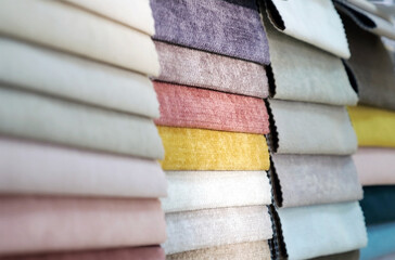 Colorful fashion fabric samples. Textile textures swatches concept. Woven fabric is any textile...
