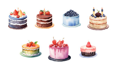 A collection of watercolor birthday cakes clipart, each adorned with different toppings and decorations, such as sprinkles, fruits, and chocolate drizzle, Transparent Background
