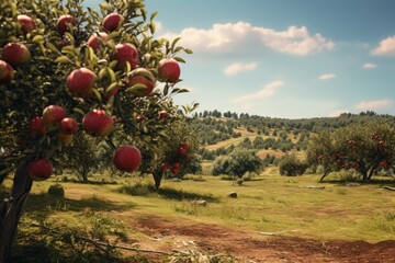 An apple orchard with ripe, red apples
