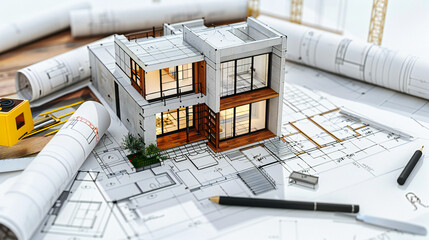 Architectural planning and design, showcasing the detailed blueprint and model of a modern residential project