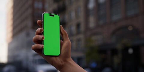 Hand showcasing a smartphone with a green screen, urban city street background - 757142471