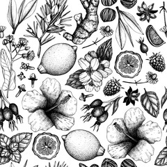 Tea seamless pattern. Herbal tea background. Medicinal herbs sketches. Hand-drawn vector illustration. NOT AI generated - 757142697