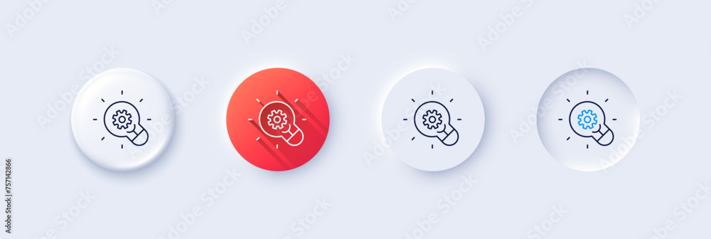 Poster innovation line icon. neumorphic, red gradient, 3d pin buttons. light bulb with cog sign. working pr