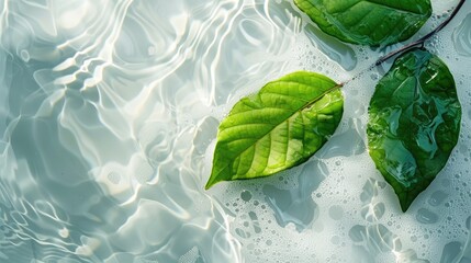 Transparent and clean white water and one green leaf background 