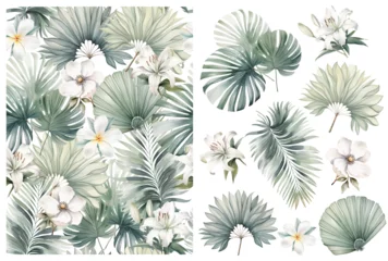  Tropical leaves and flowers watercolor seamless pattern green floral background © EvgeniiasArt