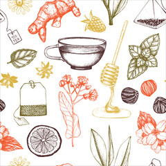 Tea seamless pattern. Herbal tea ingredient background. Herb, spice, fruit, berry sketches. Hand-drawn vector illustration. NOT AI generated - 757143095