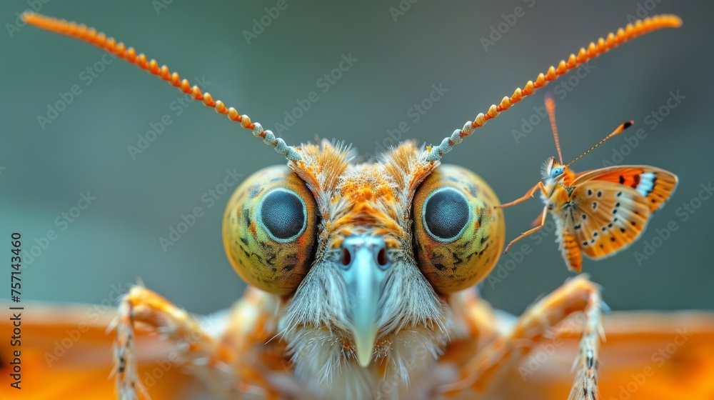 Poster a close up of a bug with a butterfly on it's head and a butterfly on the back of it's head.