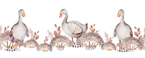 Watercolor farm animals. Village cute birds geese in nature. Seamless border design for children. Domestic bird hand drawn forest background.