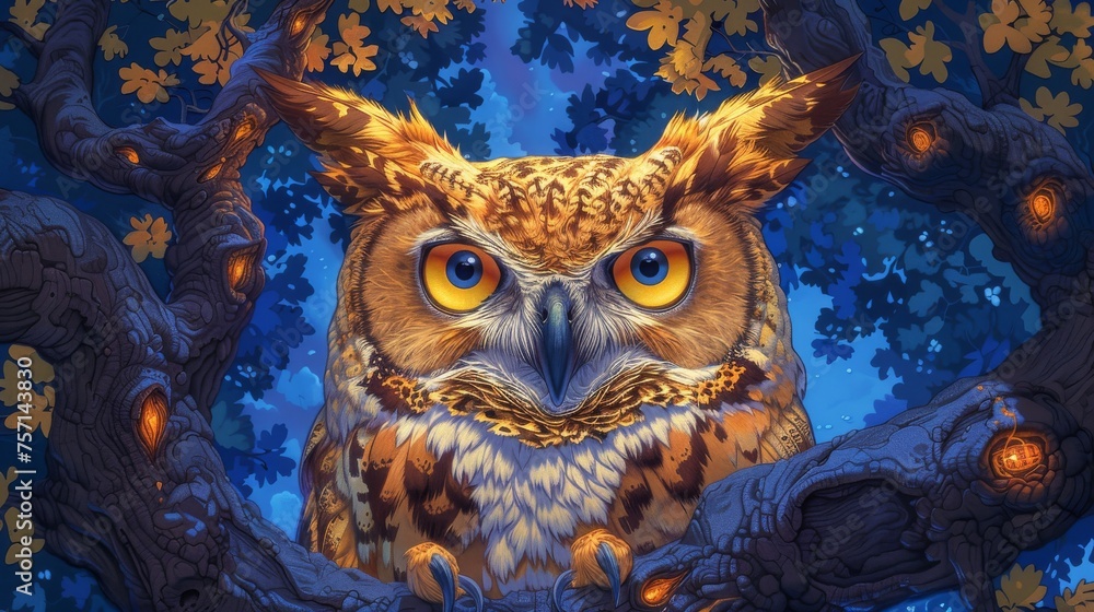 Poster a painting of an owl sitting on a tree branch with its eyes wide open and glowing in front of the ca
