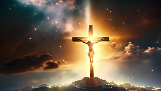 holy golden cross with glowing structures of the universe stars planets symbol spirituality silhouette crucifix church easter god savior afterglow religion sky believer