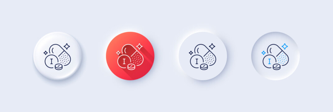 Iodine mineral line icon. Neumorphic, Red gradient, 3d pin buttons. Chemical element I sign. Capsule or pill symbol. Line icons. Neumorphic buttons with outline signs. Vector