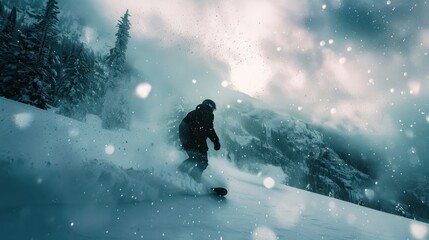 Snowboarder going down ski slope on snow background, man in mask rides snowboard spraying powder in winter. Concept of sport, extreme, speed, downhill, piste, splash