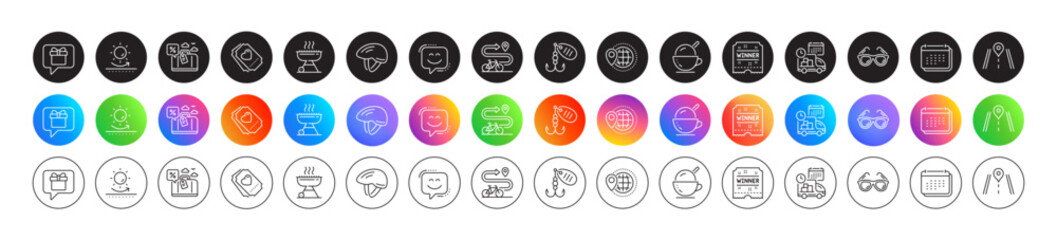 Grill, Ice cream and Love ticket line icons. Round icon gradient buttons. Pack of Travel loan, Bike path, Road icon. Fishing lure, Calendar, Bicycle helmet pictogram. Vector