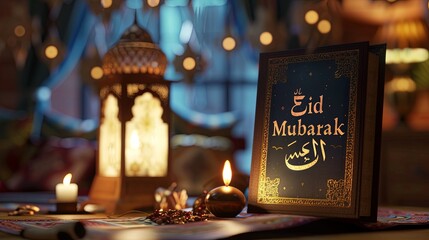 Eid Mubarak with a lantern background
