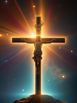 holy golden cross with glowing structures of the universe stars planets symbol spirituality silhouette crucifix church easter god savior afterglow religion sky believer