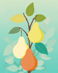 digital illustration poster with pears, modern flat style сreated with Generative Ai