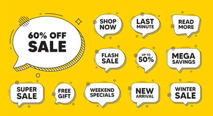 Offer speech bubble icons. Sale 60 percent off discount. Promotion price offer sign. Retail badge symbol. Sale chat offer. Speech bubble discount banner. Text box balloon. Vector