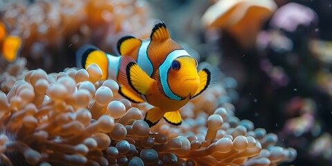 Clownfish swim gracefully in the underwater world among bright sea anemones.
