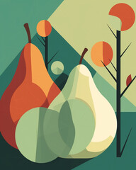 digital illustration poster with pears, modern flat style сreated with Generative Ai