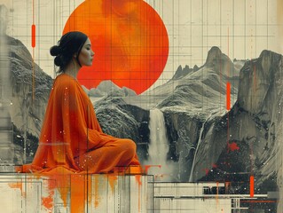 Serene meditation in mountainous terrain: side view of a person meditating serenely amidst abstract mountain landscapes and a vibrant sun for international day of yoga