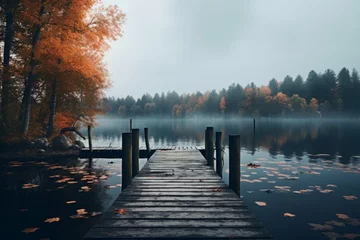 Foto auf Acrylglas Foggy October evening at a lake © Michael Böhm