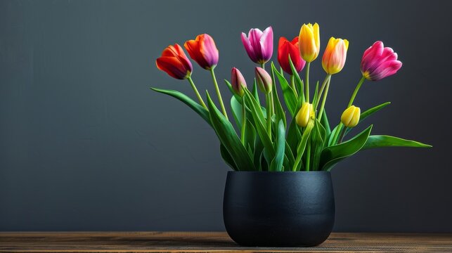 A black vase overflows with a multitude of colorful tulips, creating a striking and cheerful display